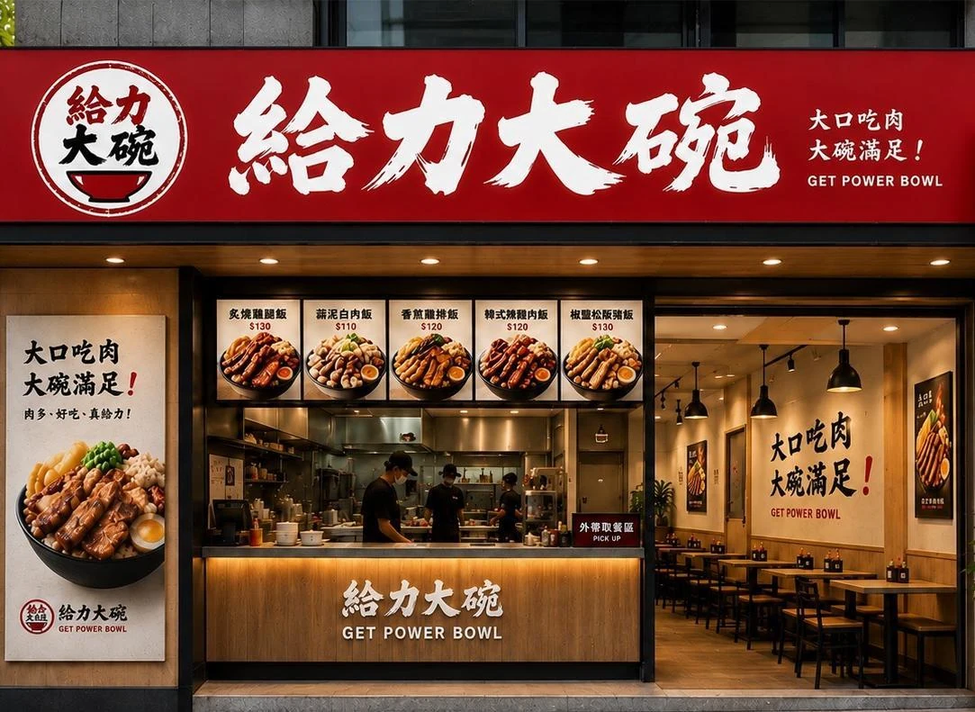 給力大碗紅色招牌與門市外觀
